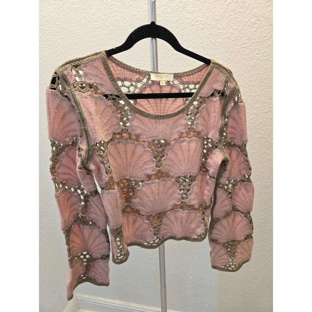 Rebellion Again M Crochet Open Knit Shell Sweater Pink Brown Womens Boho Y2K Top